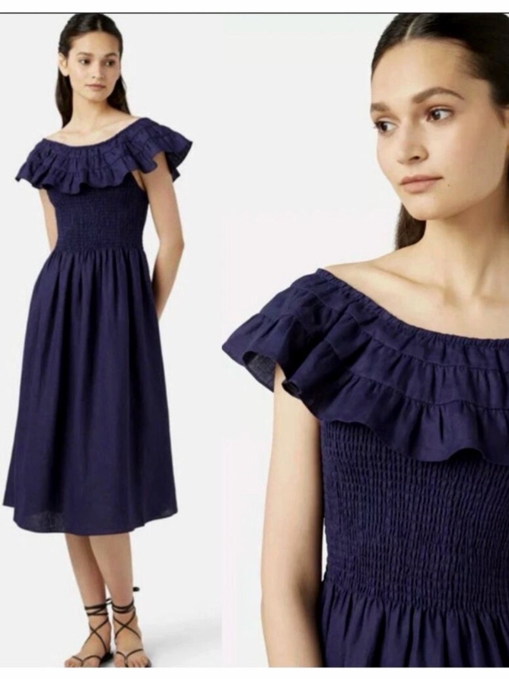 Hill House Akilah Nap Dress Navy Linen Smocked Off Shoulder Midi Size M Cottage